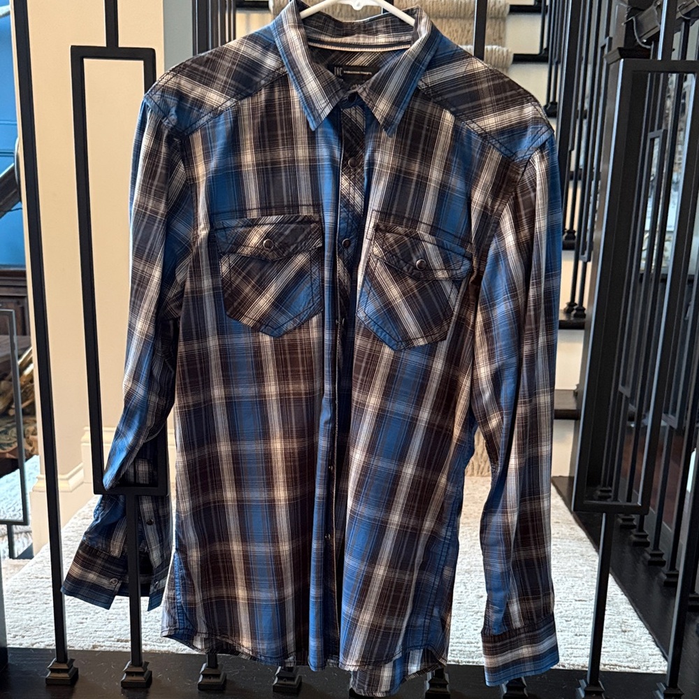 INC International Concepts Men's Blue and Black Checkered Shirt LG
